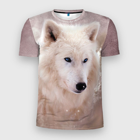 Мужская футболка 3D Slim с принтом Белый зимний волк в Белгороде, 100% полиэстер с улучшенными характеристиками | приталенный силуэт, круглая горловина, широкие плечи, сужается к линии бедра | 