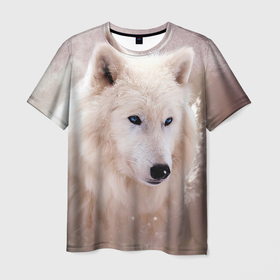 Мужская футболка 3D с принтом Белый зимний волк в Новосибирске, 100% полиэфир | прямой крой, круглый вырез горловины, длина до линии бедер | 