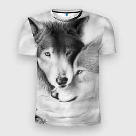 Мужская футболка 3D Slim с принтом Love: Волк и волчица в Белгороде, 100% полиэстер с улучшенными характеристиками | приталенный силуэт, круглая горловина, широкие плечи, сужается к линии бедра | 