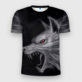 Мужская футболка 3D Slim с принтом агрессивный    волк в Курске, 100% полиэстер с улучшенными характеристиками | приталенный силуэт, круглая горловина, широкие плечи, сужается к линии бедра | Тематика изображения на принте: 