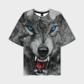 Мужская футболка oversize 3D с принтом Агрессивный волк с синими глазами в Курске,  |  | 