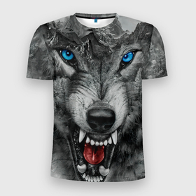 Мужская футболка 3D Slim с принтом Агрессивный волк с синими глазами в Курске, 100% полиэстер с улучшенными характеристиками | приталенный силуэт, круглая горловина, широкие плечи, сужается к линии бедра | Тематика изображения на принте: 