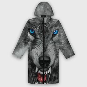 Мужской дождевик 3D с принтом Агрессивный волк с синими глазами в Петрозаводске,  |  | Тематика изображения на принте: 