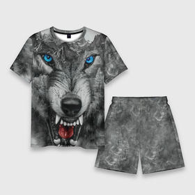 Мужской костюм с шортами 3D с принтом Агрессивный волк с синими глазами в Кировске,  |  | Тематика изображения на принте: 