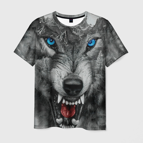 Мужская футболка 3D с принтом агрессивный волк с синими глазами в Санкт-Петербурге, 100% полиэфир | прямой крой, круглый вырез горловины, длина до линии бедер | 