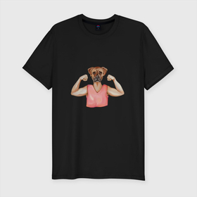 Мужская футболка хлопок Slim с принтом Собака с мускулами в Белгороде, 92% хлопок, 8% лайкра | приталенный силуэт, круглый вырез ворота, длина до линии бедра, короткий рукав | мускулы | мышцы | сила | собака | спортсмен