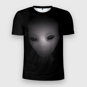 Мужская футболка 3D Slim с принтом Взгляд пришельца в Новосибирске, 100% полиэстер с улучшенными характеристиками | приталенный силуэт, круглая горловина, широкие плечи, сужается к линии бедра | гуманоид | инопланетянин | нло | потустороннее | пришелец