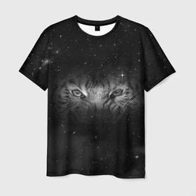 Мужская футболка 3D с принтом Глаза тигра и черно белый космос в Кировске, 100% полиэфир | прямой крой, круглый вырез горловины, длина до линии бедер | dark | взгляд | взгляд тигра | глаза | глаза тигра | дарк | дикие животные | дикие звери | дикий | звездный | звезды | космический | космос | л | леопард | монохром | монохромный | с тигром | с хищником