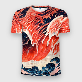 Мужская футболка 3D Slim с принтом Великая красная волна в Новосибирске, 100% полиэстер с улучшенными характеристиками | приталенный силуэт, круглая горловина, широкие плечи, сужается к линии бедра | 