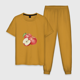 Мужская пижама хлопок с принтом Красные спелые яблоки в Санкт-Петербурге, 100% хлопок | брюки и футболка прямого кроя, без карманов, на брюках мягкая резинка на поясе и по низу штанин
 | Тематика изображения на принте: еда | красное | три | фрукты | яблоко