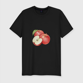 Мужская футболка хлопок Slim с принтом Красные спелые яблоки в Санкт-Петербурге, 92% хлопок, 8% лайкра | приталенный силуэт, круглый вырез ворота, длина до линии бедра, короткий рукав | Тематика изображения на принте: еда | красное | три | фрукты | яблоко