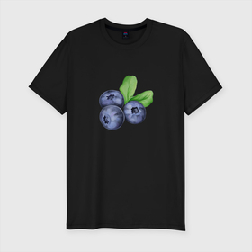 Мужская футболка хлопок Slim с принтом Три ежевики с листьями в Тюмени, 92% хлопок, 8% лайкра | приталенный силуэт, круглый вырез ворота, длина до линии бедра, короткий рукав | Тематика изображения на принте: еда | ежевика | листья | синий | фиолетовый | ягода