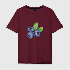 Мужская футболка хлопок Oversize с принтом Три ежевики с листьями в Санкт-Петербурге, 100% хлопок | свободный крой, круглый ворот, “спинка” длиннее передней части | Тематика изображения на принте: еда | ежевика | листья | синий | фиолетовый | ягода