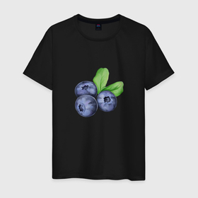 Мужская футболка хлопок с принтом Три ежевики с листьями в Тюмени, 100% хлопок | прямой крой, круглый вырез горловины, длина до линии бедер, слегка спущенное плечо. | Тематика изображения на принте: еда | ежевика | листья | синий | фиолетовый | ягода