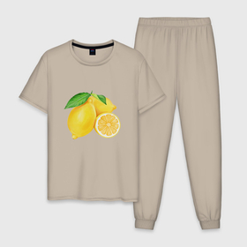 Мужская пижама хлопок с принтом Сочные лимоны в Тюмени, 100% хлопок | брюки и футболка прямого кроя, без карманов, на брюках мягкая резинка на поясе и по низу штанин
 | еда | желтый | лимон | природа | фрукты