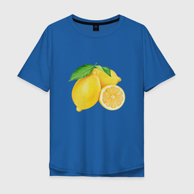 Мужская футболка хлопок Oversize с принтом Сочные лимоны в Санкт-Петербурге, 100% хлопок | свободный крой, круглый ворот, “спинка” длиннее передней части | Тематика изображения на принте: еда | желтый | лимон | природа | фрукты