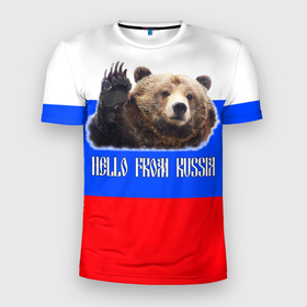 Мужская футболка 3D Slim с принтом Привет из России   медведь и триколор , 100% полиэстер с улучшенными характеристиками | приталенный силуэт, круглая горловина, широкие плечи, сужается к линии бедра | hello from russia | медведь | мишка | патриот | привет | привет из россии | россия | триколор