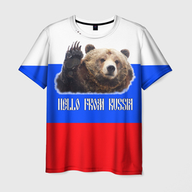Мужская футболка 3D с принтом Привет из России   медведь и триколор , 100% полиэфир | прямой крой, круглый вырез горловины, длина до линии бедер | hello from russia | медведь | мишка | патриот | привет | привет из россии | россия | триколор