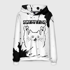 Мужская толстовка 3D с принтом Scorpions рок кот на светлом фоне в Екатеринбурге, 100% полиэстер | двухслойный капюшон со шнурком для регулировки, мягкие манжеты на рукавах и по низу толстовки, спереди карман-кенгуру с мягким внутренним слоем. | 