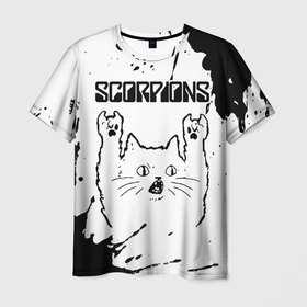 Мужская футболка 3D с принтом Scorpions рок кот на светлом фоне в Кировске, 100% полиэфир | прямой крой, круглый вырез горловины, длина до линии бедер | 
