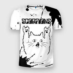 Мужская футболка 3D Slim с принтом Scorpions рок кот на светлом фоне , 100% полиэстер с улучшенными характеристиками | приталенный силуэт, круглая горловина, широкие плечи, сужается к линии бедра | 
