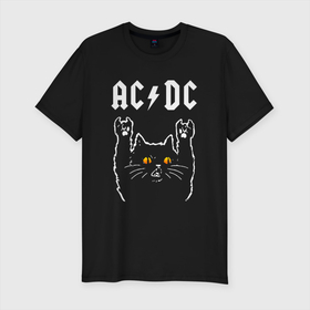Мужская футболка хлопок Slim с принтом AC DC rock cat в Санкт-Петербурге, 92% хлопок, 8% лайкра | приталенный силуэт, круглый вырез ворота, длина до линии бедра, короткий рукав | 