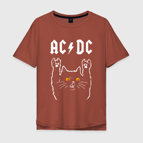 Мужская футболка хлопок Oversize с принтом AC DC rock cat в Тюмени, 100% хлопок | свободный крой, круглый ворот, “спинка” длиннее передней части | Тематика изображения на принте: 
