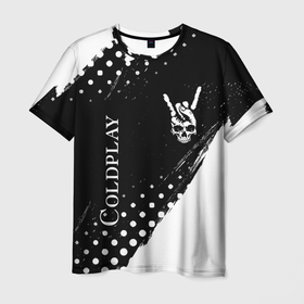Мужская футболка 3D с принтом Coldplay и рок символ на темном фоне , 100% полиэфир | прямой крой, круглый вырез горловины, длина до линии бедер | 