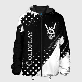 Мужская куртка 3D с принтом Coldplay и рок символ на темном фоне , ткань верха — 100% полиэстер, подклад — флис | прямой крой, подол и капюшон оформлены резинкой с фиксаторами, два кармана без застежек по бокам, один большой потайной карман на груди. Карман на груди застегивается на липучку | Тематика изображения на принте: 