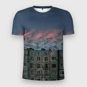 Мужская футболка 3D Slim с принтом Кот, панельки и горы в Санкт-Петербурге, 100% полиэстер с улучшенными характеристиками | приталенный силуэт, круглая горловина, широкие плечи, сужается к линии бедра | 