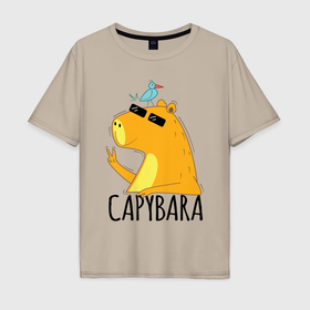 Мужская футболка хлопок Oversize с принтом Capybara водосвинка , 100% хлопок | свободный крой, круглый ворот, “спинка” длиннее передней части | 