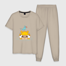 Мужская пижама хлопок с принтом Капибара отдыхает в воде в Курске, 100% хлопок | брюки и футболка прямого кроя, без карманов, на брюках мягкая резинка на поясе и по низу штанин
 | 