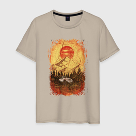 Мужская футболка хлопок с принтом Внедорожник и солнце в Санкт-Петербурге, 100% хлопок | прямой крой, круглый вырез горловины, длина до линии бедер, слегка спущенное плечо. | 