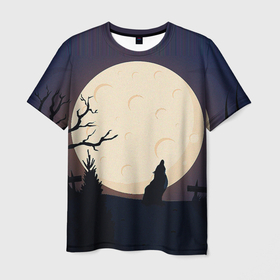 Мужская футболка 3D с принтом Волчица и луна в Тюмени, 100% полиэфир | прямой крой, круглый вырез горловины, длина до линии бедер | 