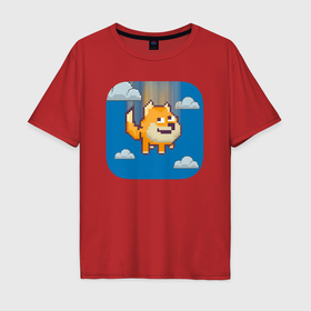 Мужская футболка хлопок Oversize с принтом Щенок Доге пиксельный падает в облаках в Курске, 100% хлопок | свободный крой, круглый ворот, “спинка” длиннее передней части | 