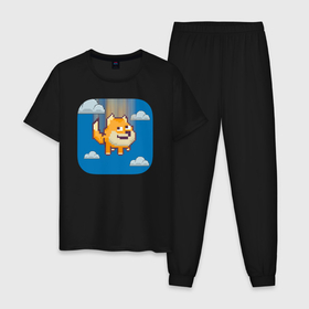 Мужская пижама хлопок с принтом Щенок Доге пиксельный падает в облаках в Тюмени, 100% хлопок | брюки и футболка прямого кроя, без карманов, на брюках мягкая резинка на поясе и по низу штанин
 | 