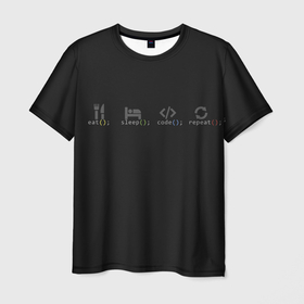 Мужская футболка 3D с принтом Eat sleep code repeat в Белгороде, 100% полиэфир | прямой крой, круглый вырез горловины, длина до линии бедер | 