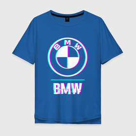 Мужская футболка хлопок Oversize с принтом Значок BMW в стиле glitch в Курске, 100% хлопок | свободный крой, круглый ворот, “спинка” длиннее передней части | 