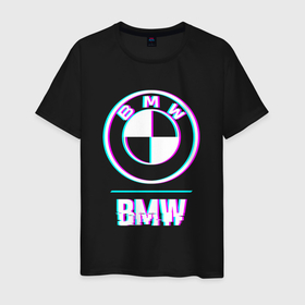 Мужская футболка хлопок с принтом Значок BMW в стиле glitch в Курске, 100% хлопок | прямой крой, круглый вырез горловины, длина до линии бедер, слегка спущенное плечо. | 