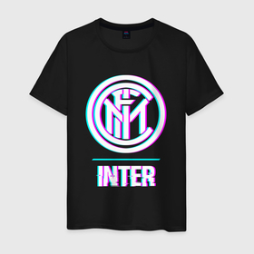 Мужская футболка хлопок с принтом Inter FC в стиле glitch в Курске, 100% хлопок | прямой крой, круглый вырез горловины, длина до линии бедер, слегка спущенное плечо. | 