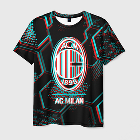 Мужская футболка 3D с принтом AC Milan FC в стиле glitch на темном фоне в Белгороде, 100% полиэфир | прямой крой, круглый вырез горловины, длина до линии бедер | Тематика изображения на принте: 