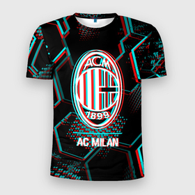 Мужская футболка 3D Slim с принтом AC Milan FC в стиле glitch на темном фоне в Белгороде, 100% полиэстер с улучшенными характеристиками | приталенный силуэт, круглая горловина, широкие плечи, сужается к линии бедра | Тематика изображения на принте: 