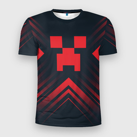 Мужская футболка 3D Slim с принтом Красный символ Minecraft на темном фоне со стрелками в Новосибирске, 100% полиэстер с улучшенными характеристиками | приталенный силуэт, круглая горловина, широкие плечи, сужается к линии бедра | 