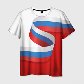 Мужская футболка 3D с принтом Лента триколор на красно белом фоне в Белгороде, 100% полиэфир | прямой крой, круглый вырез горловины, длина до линии бедер | 