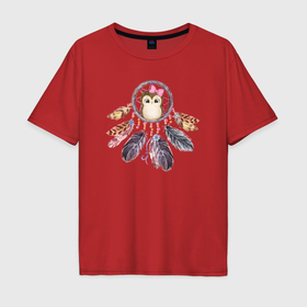 Мужская футболка хлопок Oversize с принтом Сова и ловец сна в Курске, 100% хлопок | свободный крой, круглый ворот, “спинка” длиннее передней части | 