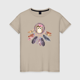 Женская футболка хлопок с принтом Сова и ловец сна в Петрозаводске, 100% хлопок | прямой крой, круглый вырез горловины, длина до линии бедер, слегка спущенное плечо | 