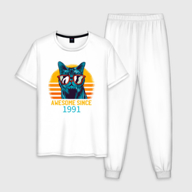 Мужская пижама хлопок с принтом Потрясающий котэ 1991 года в Новосибирске, 100% хлопок | брюки и футболка прямого кроя, без карманов, на брюках мягкая резинка на поясе и по низу штанин
 | 