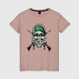 Женская футболка хлопок с принтом Военный череп с оружием в Санкт-Петербурге, 100% хлопок | прямой крой, круглый вырез горловины, длина до линии бедер, слегка спущенное плечо | 