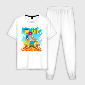 Мужская пижама хлопок с принтом The Simpsons movie   cartoon , 100% хлопок | брюки и футболка прямого кроя, без карманов, на брюках мягкая резинка на поясе и по низу штанин
 | bart | cartoon | donut | fire | homer | lisa | maggie | marge | pucker | simpsons | барт | гомер | лиза | мардж | мультфильм | мэгги | пожар | пончик | пуккер | симпсоны