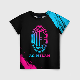Детская футболка 3D с принтом AC Milan   neon gradient в Санкт-Петербурге, 100% гипоаллергенный полиэфир | прямой крой, круглый вырез горловины, длина до линии бедер, чуть спущенное плечо, ткань немного тянется | Тематика изображения на принте: 